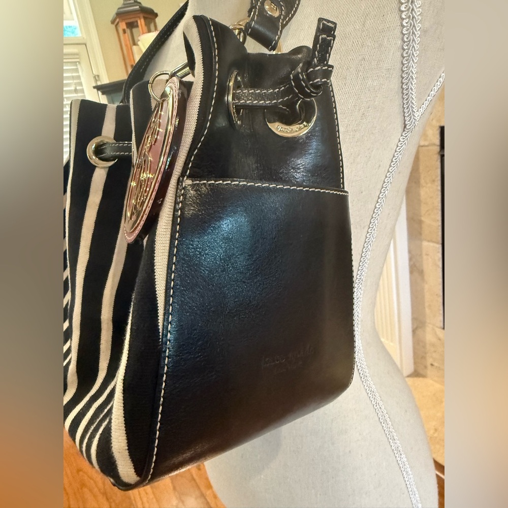 Kate Spade Striped Canvas Leather Hobo Bag Black White Drawstring Shoulder Tote - Picture 2 of 16